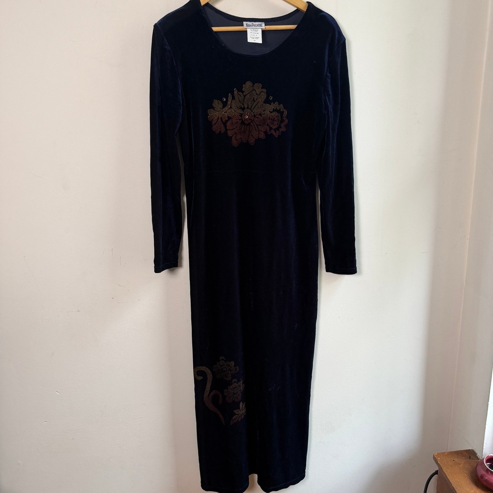 Nina Piccalino Vintage Witchy Velvet Glitter Midi Dress Navy Blue Size 8